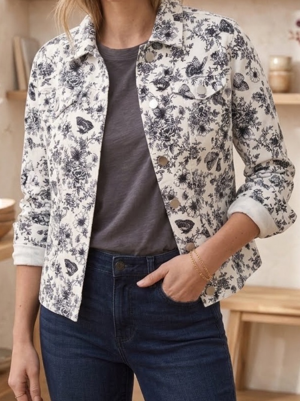 Charter Club Navy Floral Butterfly Jean Jacket L Cotton Stretch